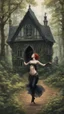 Placeholder: slim nymph dancing in a woodland clearing, with a gothic woodland house behind her.