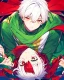 Placeholder: Green clothes with a yellow stripe and star in the middle of the print, short white hair, A young boy, wears a red scarf, has a colorful aura, At the bottom there are several stars, and his eyes are green.