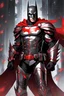 Placeholder: Full body Silver and red fantasy Batman armour, with a red cape, with black and red spikes coming out the back and arms, glowing red eyes, long red hair pony tail coming out the helmet