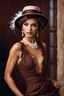 Placeholder: full body beautiful girl, elegant brown lace clothes of the 80s, luxury style, small elegant hat with feather, hair of the 80s, pearl necklace, earrings masterful, beautiful face