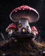 Placeholder: An illogically floating mushroom house on a clear night. white black, Stars Dark cosmic interstellar. Detailed Matte Painting, deep color, fantastical, intricate detail, splash screen, hyperdetailed, insane depth, concept art, 8k resolution, trending on Artstation, Unreal Engine 5, color depth, backlit, splash art, dramatic, High Quality Whimsical Fun Imaginative Bubbly, perfect composition