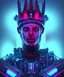 Placeholder: Symétrie!! Digital art portrait d'un roi cyborg guerrier avec sa couronne, science fiction, cyberpunk post apocalyptique future, sombre et coloré à la fois, contours fins néon bleu foncé, éclairage profond, décor extérieur neo tokio akira movie, angle de vue panoramique,hdr, 16k, octane effect, rendering 3d zoom x2, flou gaussien, cinema 4d