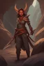 Placeholder: A DnD character. A female horned Tiefling ranger with pointy ears standing in a cave. The Tiefling has a little pterosaurs on her shoulder and a rapier in her hand.