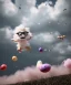 Placeholder: Ultra realistic speed clouds sky scene, wide angle view, strong men falling down with many Childs background, circus clothing style, feather color clothing, free jumping flying, many trinkets, hair monster, many jelly beans, balls, color smoke, smile, happy, extreme, wind, clouds sea, 20,000 feet altitude, stratosphere, soft color, highly detailed, unreal engine 5, ray tracing, RTX, lumen lighting, ultra detail, volumetric lighting, 3d, finely drawn, high definition, high resolution.