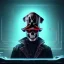 Placeholder: a cyberpunk hacker pirate captain skeleton with a pirate hat sitting in front of a huge old crt monitor in a dark room holding a beer, only light coming from crt monitor, highly detailed, intricate, digital art, trending on artstation, trending on cgsociety, by greg rutkowski