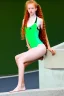 Placeholder: In the style of Laia López, hyper detailed, strikingly beautiful teen female, 16 years old, long ponytail, ginger hair, green eyes, medium freckles, full lips, full body, full face, b-cup breasts, athletic, centred camera, ignore NSFW, bikini, athletic, sitting,