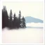 Placeholder: A polaroid photo of a group of fir trees in the background and a high hill in the distance. A lake. The surface below is in a pastel color. Odd dark person. Fog is present.