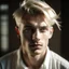 Placeholder: Man , twenty years old, white blond shortish hair, wavy, strong facial features, sof nose, light grey eyes, light pale skin, rose lips whithe shirt, portrait, close up, beatiful young man , many shadows, hair tied up, loose strands framing face
