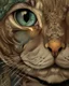 Placeholder: Detailed Surreal Portrait of cat with green eyes by Van Gogh in muted colors.