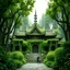 Placeholder: very detailed all Green Buddhist temple surrounded by leaves and ivy, medieval, gothic style,