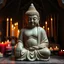 Placeholder: mythical Budda shaped from clay showing the cracks, curves, and handmade details. Background is a shrine with many candles and burning incense sticks in a small dark alcove