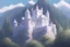 Placeholder: white and texured castel thats sitting on top of a mountain that dose'nt have alot of trees and theres water behind the mountain