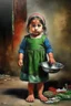Placeholder: an expressive painting of a 3 years old girl poor with Ruth clothes standing in line asking for food with a pan in her hand painting, with Palestinian flag in the background, we might see a companion with features of absolute strength and determination, blended with warmth and deep faith. Perhaps his face expresses wisdom and courage, with eyes radiating confidence and faith.