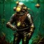 Placeholder: 90's tcg art silver steampunk male diver with glowing helmet underwater