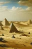 Placeholder: A tan sandy desert with magnetic pyramids painted by Edouard Manet