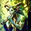 Placeholder: satyr male nature spirit in Greek mythology, both human-like and goat- or horse-like features. their deep love drinking, dancing, and music. Prompt: "painting, pan satyr playing wooden flute, ram horns, by Kris Kuksi, beautiful leafy background, sunny day" Modifiers: bokeh sharp focus fantasy intricate 8k portrait beautiful dynamic lighting close up hyperrealistic crisp quality Unreal Engine hdr cinematic postprocessing Alphonse Mucha salvator dali black ink Craig Rutkowski Moody colors