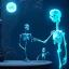 Placeholder: The Grim Reaper and the Skeleton in Tron world, discussing the future of the universe, art by Magritte and Pixar