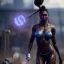 Placeholder: full body shot, masterpiece, best quality,dark skin, sparkling eyes, fluorescent skin,purple-dark makeup, gangsta, armed ,highly detailed body, sun light, 4K, RAW, high contrast, realistic details, 24mm , depth of field ,afrofuturistic,