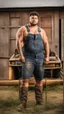 Placeholder: half figure photography of a burly chubby overweight muscular brazilian farmer 25 years old, sweat near a tractor, short curly hair, tattoo, big goatee, manly chest, dirty tank top and dirty boxer , hand on the fap, tank top with dirty overalls, on the door of a large barn, under the sun