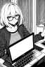 Placeholder: hacker girl with glasses use a laptop sitting in a cafe, line arts, greyscale