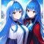 Placeholder: Clear focus, 8k, beautiful lighting, vibrant colors, girl, blue hair, long hair, vibrant red eyes, same twins, same clothes,