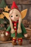 Placeholder: Little elf, blond, measuring 30cm, has long hair, long pointed ears, wearing a pointed felt hat, long felt clothing, ...