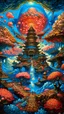 Placeholder: Create a picture A surreal whimsical landscape, Dalam liarnya peradaban kuno menyeruak kedalam jiwa, jiwa panik terbang chaos apocalyptic, struktur baroque megah, awan ukiyo-e style, mesin rumit besi bergelombang fractal psychedelic vortex panjang cahaya dari atas menembus awan menuju bumi, dengan jiwa tak bertepi, tumbuhan dan bunga sakura, tulip, bergemuruh menambah kengerian dan keindahan dalam fenomena alam yang tersaji, taman surga indah penuh kedamaian, anak bidadari bermain panah panah ci