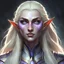 Placeholder: Generate a dungeons and dragons character portrait of the face of a female summer Eladrin. She is a Grave Cleric. Pale skinned with hints of purple iridescence and pale eyes. Long sleek bright hair