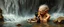 Placeholder: master oil painting by Rembrandt,cute trolls bading baby inside waterfall with huge duck