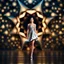 Placeholder: A full-body shot of a beautiful lady walking and looking at the camera within an intricate origami-style 3D fractal interstellar world. The image uses a blurred bokeh effect, folded paper aesthetic, geometric precision, sharp subjec