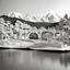 Placeholder: Derwent Bridge in Tasmania with riverornate Papercraft, popup book, soft shadows, ambient occlusion, monochromatic