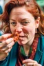 Placeholder: a woman eating corned beef with a straw