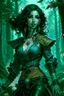 Placeholder: create an adult female air genasi from dungeons and dragons, black medium hair, light blue eyes, blue skin, wavy hair, wearing red leather clothing, full body, digital painting, high resolution, forest background, a bit zoomed out