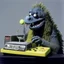 Placeholder: Godzilla as a muppet kawaii calling phone using a nokia, studio photo. Magazine 1980