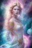 Placeholder: Create an image of a full body cosmic Goddess. The goddess should be depicted as a beautiful and powerful figure, surrounded by cosmic stars. Her hair should be long, blond and flowing, and she should be dressed in a flowing gown blue celestial robe. In the background, include imagery of pink flowers, blue sky,trees. The image should evoke a sense of joy, celebration, and spiritual connection to nature.