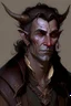 Placeholder: an older tiefling man, he has dark brown hair and looks a little dishelved, he wears a lot of jewelry and worn leather, he looks kind