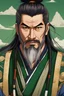 Placeholder: portrait of a middle age samurai, strong, heroic character, D&D character, bushido warrior, handsome, serious look, gentle smile, 8k resolution, long black hair, green yukata with tortoise signets, no left arm, trim beard,japanese harbor in the background,