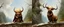 Placeholder: postcard, 4 pics, a blonde fluffy gnome quickling kobold gremlin that looks like the opposite of a vampire in bunad leaning on an elk, holding his horns, all on a stone bridge, in the style of master painter