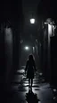 Placeholder: A woman returns home late at night through dark alleys in the style of a horror movie.