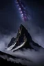 Placeholder: looking up at the tallest single mountain sharp face rising out of the misty foreground into the clear night sky background.