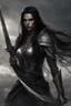 Placeholder: SA female elf with skin the color of storm clouds, deep grey, stands ready for battle. Her long black hair flows behind her like a shadow, while her eyes gleam with a fierce silver light. Despite the grim set of her mouth, there's a undeniable beauty in her fierce countenance. She's been in a fight, evidenced by the ragged state of her leather armor and the red cape that's seen better days, edges frayed and torn. In her hands, she grips two daggers, add dark shadow mystic purple flames