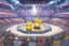 Placeholder: a Pokémon wrestling stadium with many lights and a big crowd, cell shading