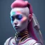 Placeholder: Cyber teenager, coloride makeup, red hair, rounded face, geisha style hair, white skin, pattern dress, velvet, vibrant color, cyberpunk style, highly detailed, art stations, concept art, smooth, unreal engine 5, god rays, ray tracing, RTX, lumen lighting, ultra detail, volumetric lighting, 3d, finely drawn, high definition, high resolution, gradient background