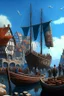 Placeholder: gothic, medieval, fishing town, rocks, long piers, fishing boats, people, shops, blue sky