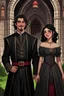 Placeholder: Strahd von Zarovich smiling, dressed in black and Ireena Kolyana frowning, wearing a wedding dress standing outside Castle Ravenloft in the illustrated style of dungeons and dragons