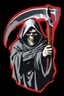 Placeholder: Grim-Reaper gripping scythe with both hands, vignette, black and white vector with a red outline, and black background