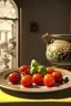 Placeholder: Italian Renaissance style still life consisting of a plate of Italian ravioli with natural cherry tomato and basil accompanied by olives, moisture ambient, natural ornaments, ceramic, marble, high kitchen, smooth, god rays, unreal engine 5, ray tracing, RTX, lumen lighting, ultra detail, volumetric lighting, 3d.