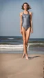 Placeholder: beautiful anorexic woman, standing frontal, full body shot, short shiny triathlon swimsuit, wavy bob haircut, photographed on the beach, raw, ribs