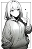 Placeholder: girl dressed in a loose sweatshirt and with one hand resting on her heart, line arts, greyscale