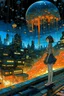 Placeholder: Yoshitaka Amano, Katsuhiro Otomo, keiko takemiya, Surreal, mysterious, strange, fantastical, fantasy, Sci-fi, Japanese anime, Shinjuku night view, skyscrapers, neon signs, giant jellyfish floating in the sky, beautiful high school girl in a miniskirt looking up at jellyfish from the ground, perfect body, bird’s eye view, detailed masterpiece depth of field cinematic lighting